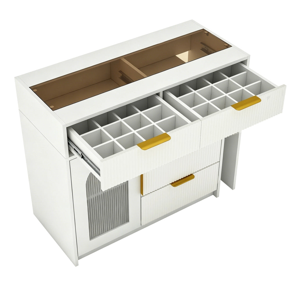 Toeletta con piano estraibile; specchio LED; cassetti e vani con fronti a rilievo; per camera da letto; bianca