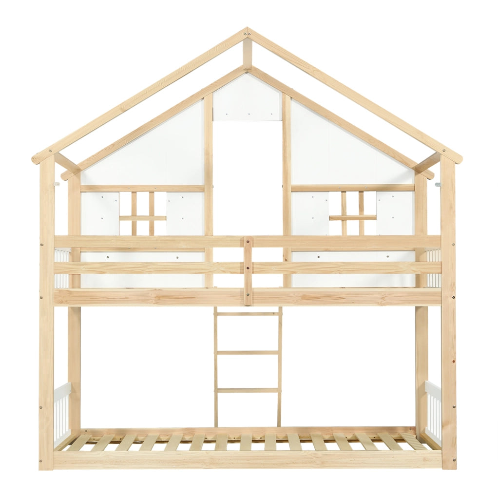 Letto a castello 90x200 cm con scala inclinata; finestre e tetto in pino e MDF bianco naturale