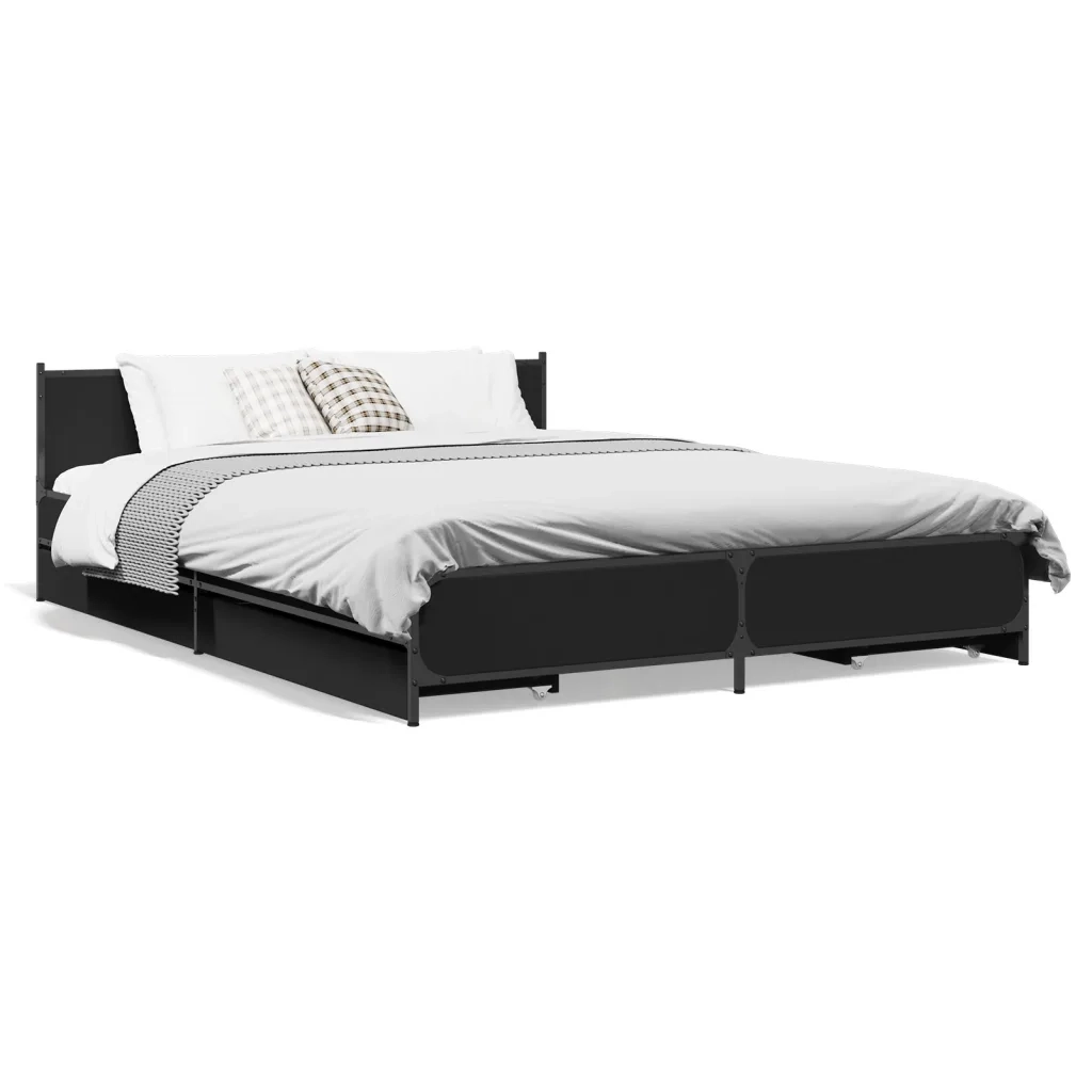 Letto matrimoniale | Letto per adulti | Giroletto con Cassetti Nero 135x190 cm in Legno Multistrato