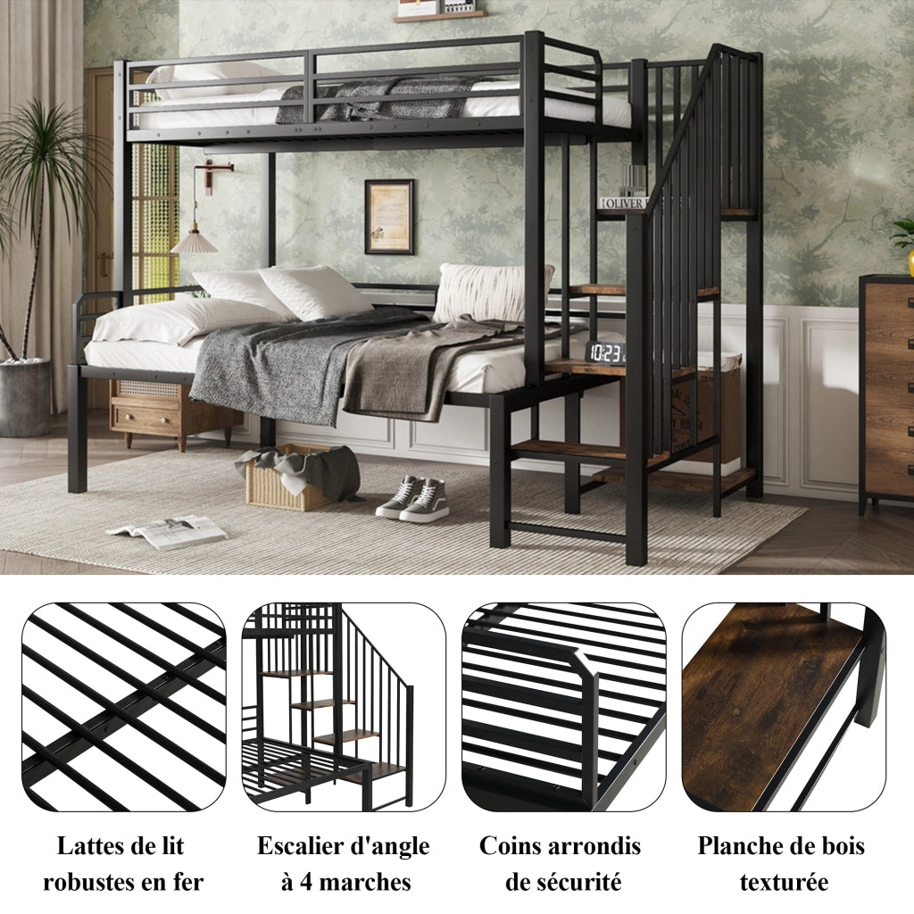 OKWISH Letto a Castello 90×200 cm e 120×200 cm, Letto 3 Posti con Scala ad Angolo, Contenitore e Sponde, senza Materasso