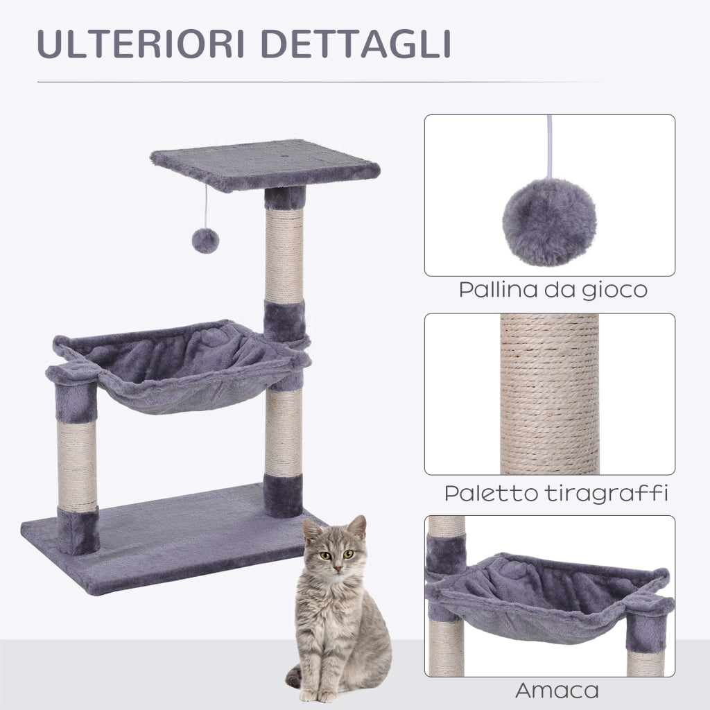 Tiragraffi per Gatti Multilivello con Amaca e Pallina, Legno e Peluche, 50x36x70cm, Grigio