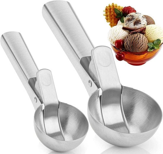 Spazzola per gelato a doppia mano in acciaio inossidabile - Manico antiscivolo professionale con grilletto - Resistente alla lavastoviglie - Spazzola per gelato, biscotti e melone, con supporto per gelato