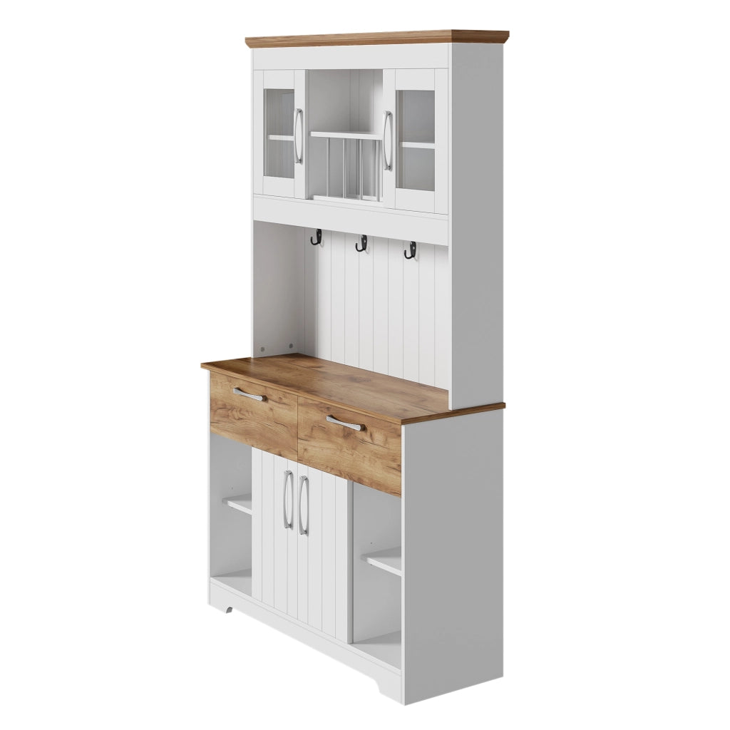 Credenza cucina con vetrina, 2 cassetti e ganci, bianco e naturale, 106x39x176,5 cm