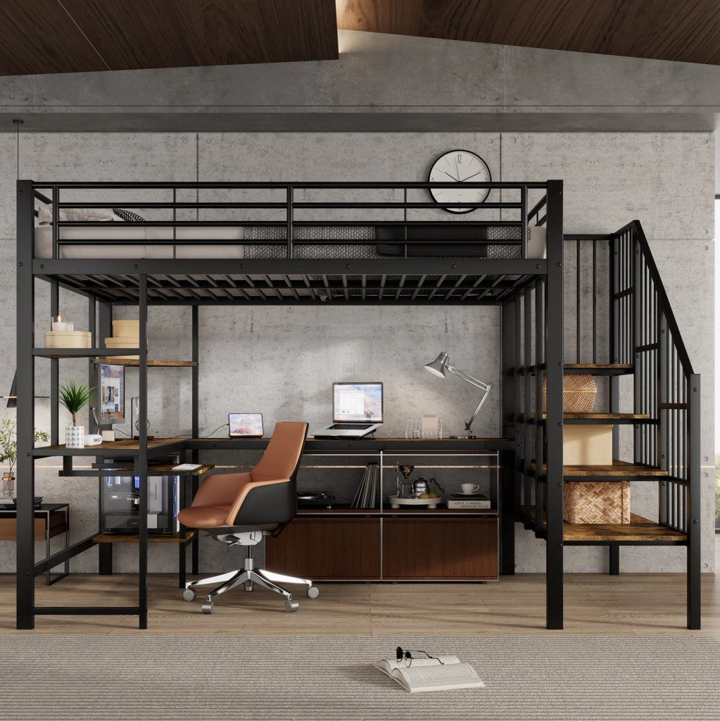 Letto a soppalco 120x200 cm con presa di ricarica; scala ad angolo e scrivania in ferro e MDF nero e noce scuro