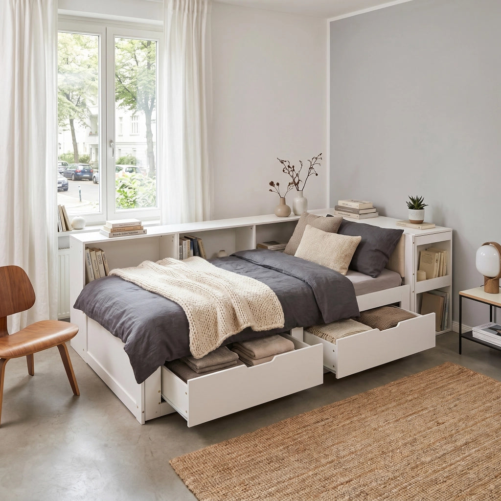 Letto combinato 90 × 200 cm estensibile con scrivania, presa elettrica EU, 2 cassetti, senza materasso, bianco