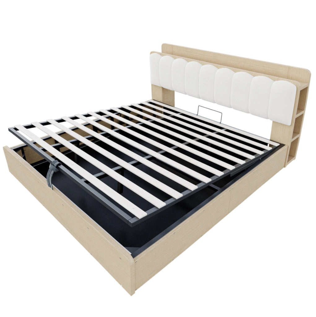 Letto matrimoniale con contenitore 180x200 cm in legno naturale; testiera imbottita beige con USB e luce notte