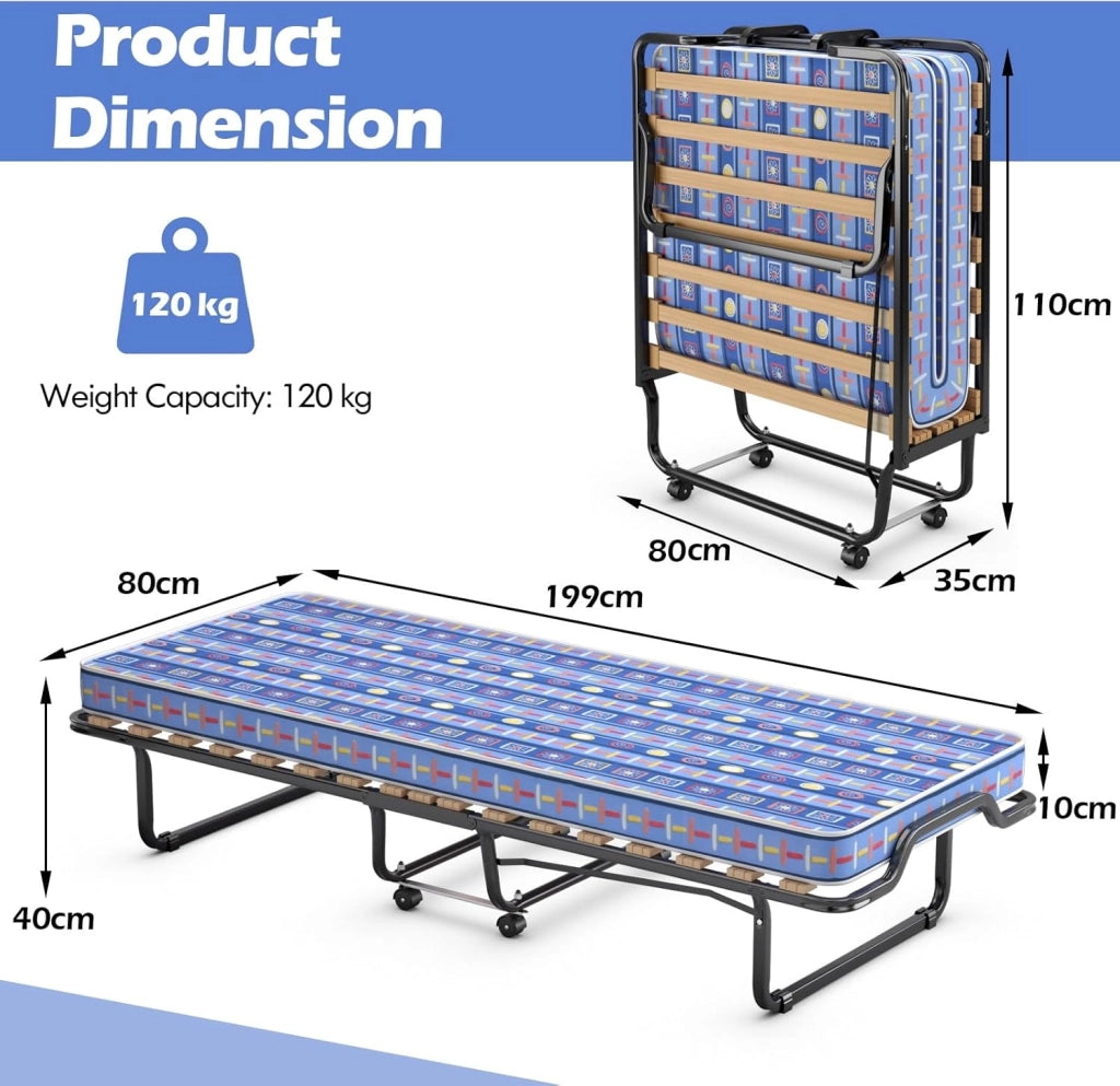 Letto per gli ospiti pieghevole, 80 x 200 cm, per adulti, letto da viaggio con materasso in memory foam, letto singolo, 4 ruote, pieghevole in metallo, portata fino a 120 kg (blu)