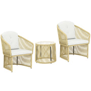 Set bistrot in rattan a 3 pezzi: tavolo rotondo di vetro; poltrone e cuscini; crema bianca