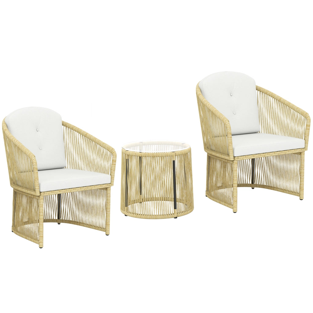 Set bistrot in rattan a 3 pezzi: tavolo rotondo di vetro; poltrone e cuscini; crema bianca