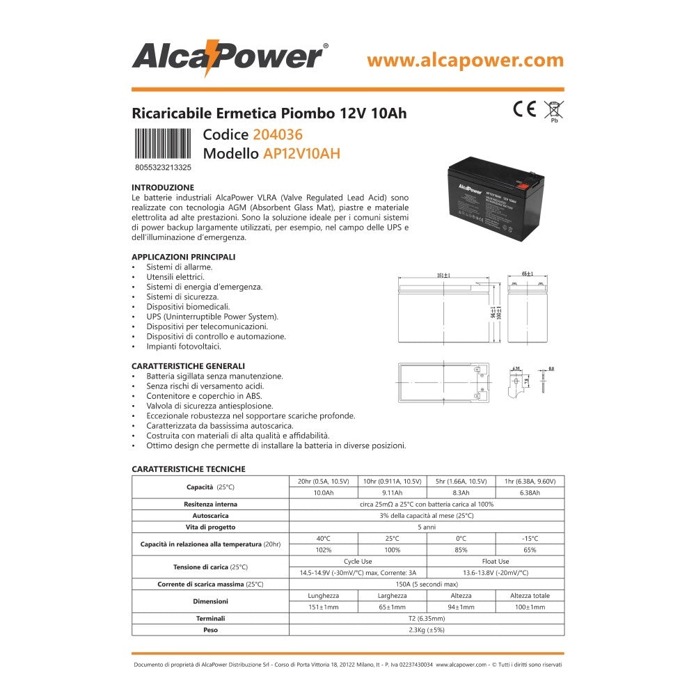 Alca power batteria al piombo da 12v 10ah ricaricabile per ups e illuminazione di emergenza