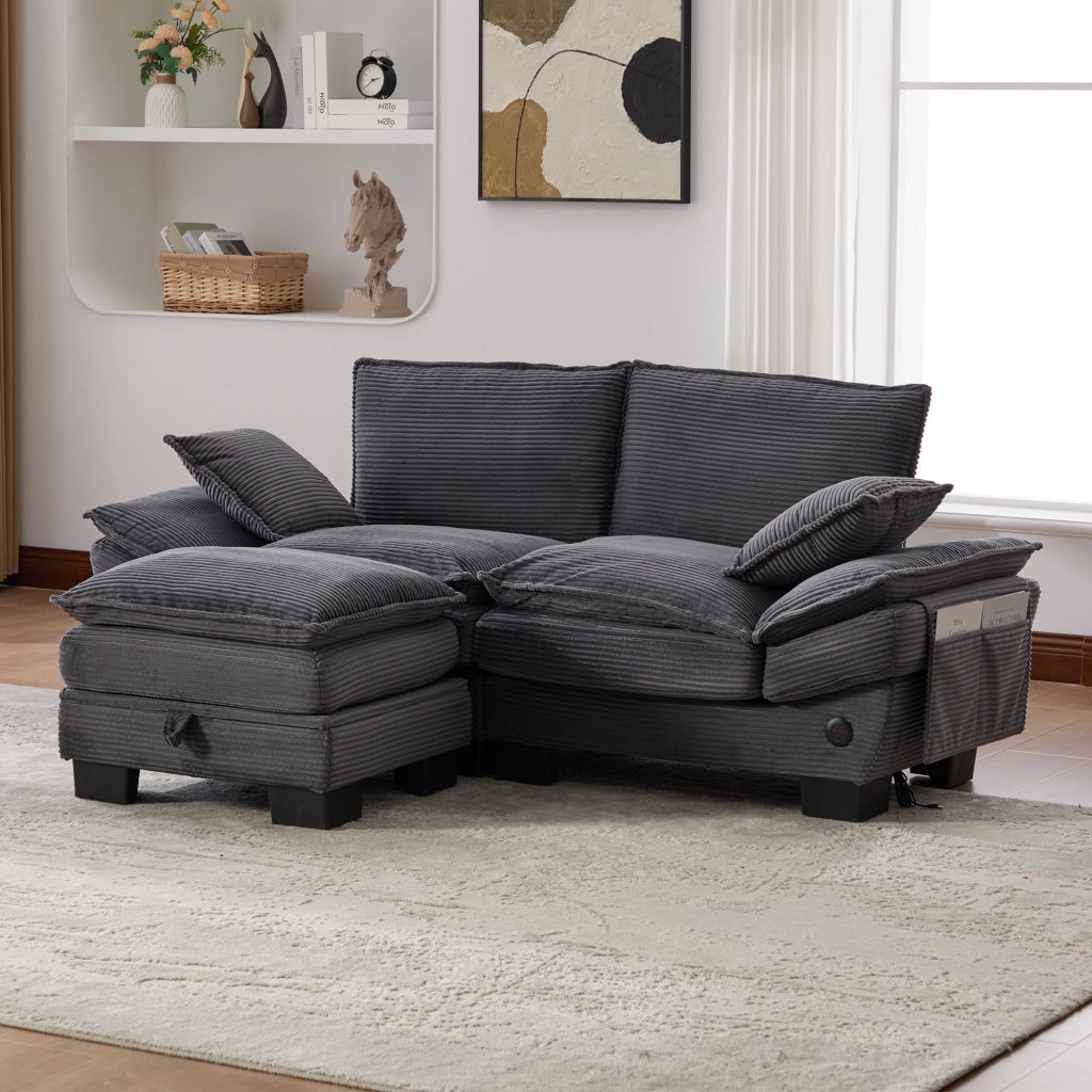 DIVANO 2 posti con pouf 190x132x84 cm in velluto a coste Grigio Scuro USB-C