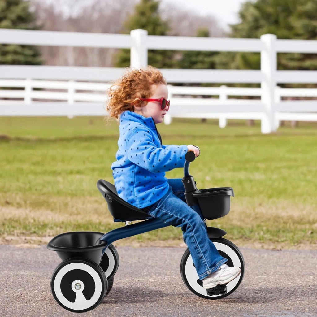 Triciclo Bambino 1-5 Anni, Triciclo Evolutivo con Sedile Comodo Regolabile in 2 Posizioni, Struttura a Triangolo Stabile, 2 Cestini di Stoccaggio, Ruote Antiscivolo, Carico 25 KG (Blu Scuro)