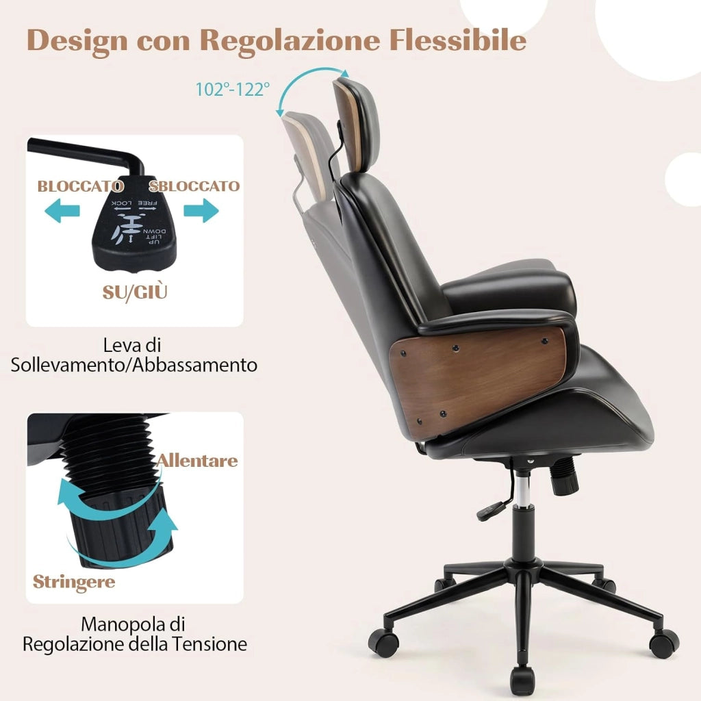 Sedia da Ufficio Ergonomica con Poggiatesta, Sedia Scrivania Imbottita con Altezza Regolabile e Schienale Inclinabile, Poltrona Computer con Braccioli e 5 Ruote Girevoli, Portata 110 kg