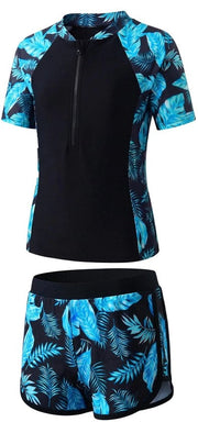 Kit di nuoto per bambine con giacca a manica protettiva - a due pezzi - maniche corte - chiusura a strisce - pantaloncini da bagno - per bambine 7-13 anni - costume da bagno