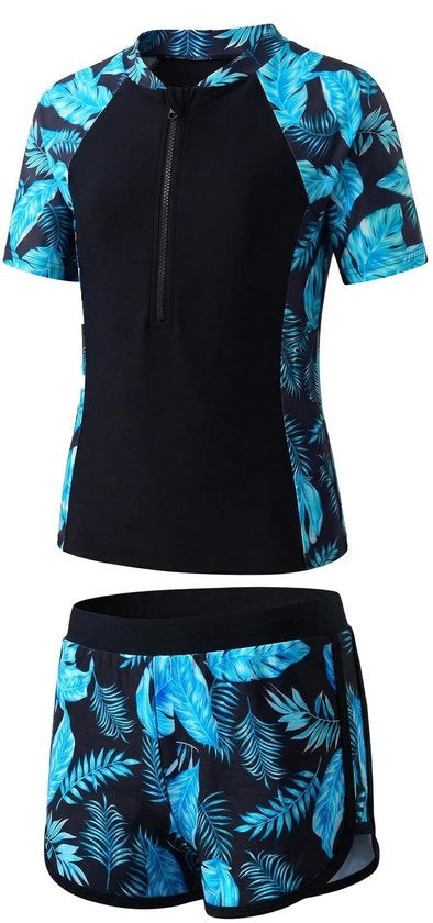 Kit di nuoto per bambine con giacca a manica protettiva - a due pezzi - maniche corte - chiusura a strisce - pantaloncini da bagno - per bambine 7-13 anni - costume da bagno