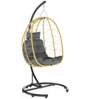 Poltrona Sospesa e Pieghevole con Cuscini, in Acciaio e Rattan PE, 102x102x195 cm, Nera Grigia e Beige