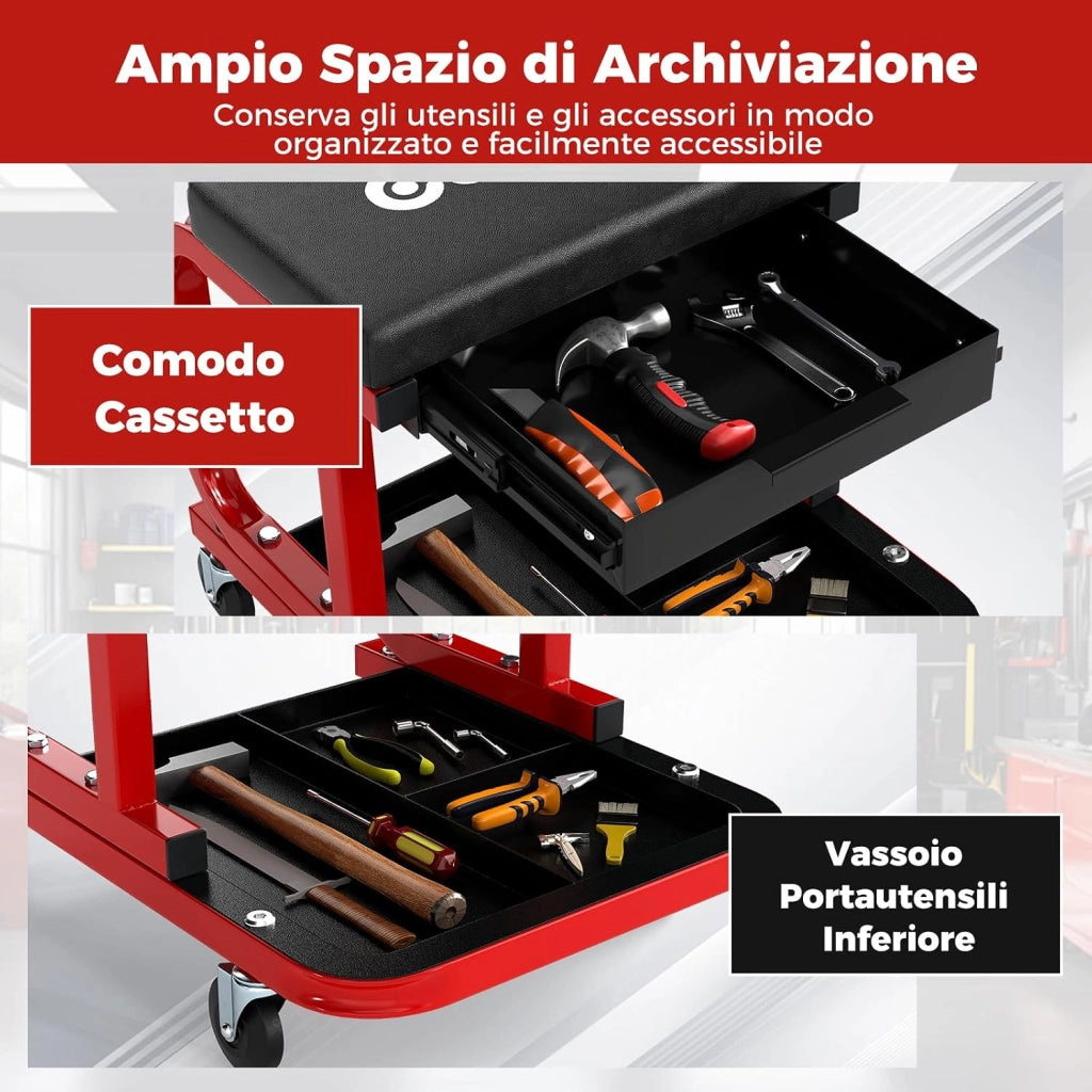 COSTWAY Sgabello da Officina con Ruote, Sedia Meccanico Imbottita con Cassetto e Vassoio Portautensili, capacità di 185 kg, per Riparazione Auto, per Garage e Officina (Nero)