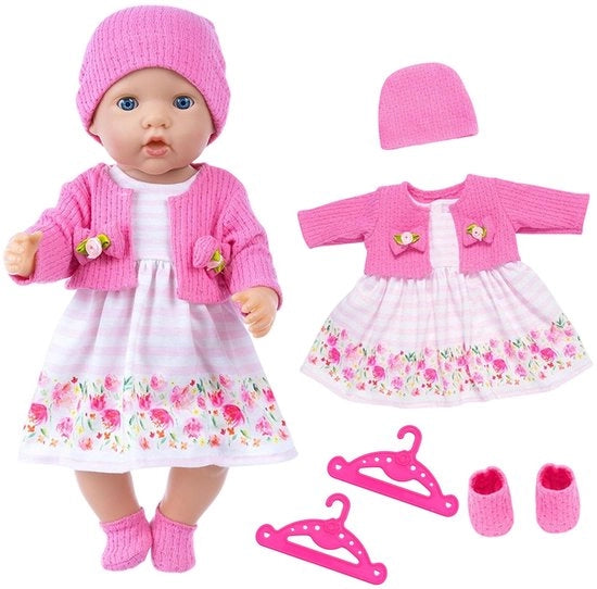 Abbigliamento per bambole 6 pezzi - Vestito magenta a fiori/Abito - Cappello/Calze - Appesi - Per bambole 35-43 cm - Materiali morbidi - Outfit per bambole