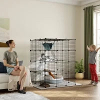 Gabbia per Gatti Modulabile a 4 Livelli con Piattaforme, Rampe e 5 Porte, in Acciaio e PP, 105x105x140 cm, Nero