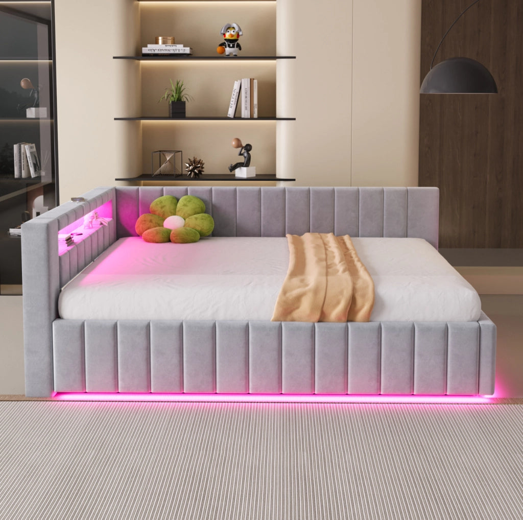 Letto imbottito 140x200 con contenitore idraulico, LED e USB grigio