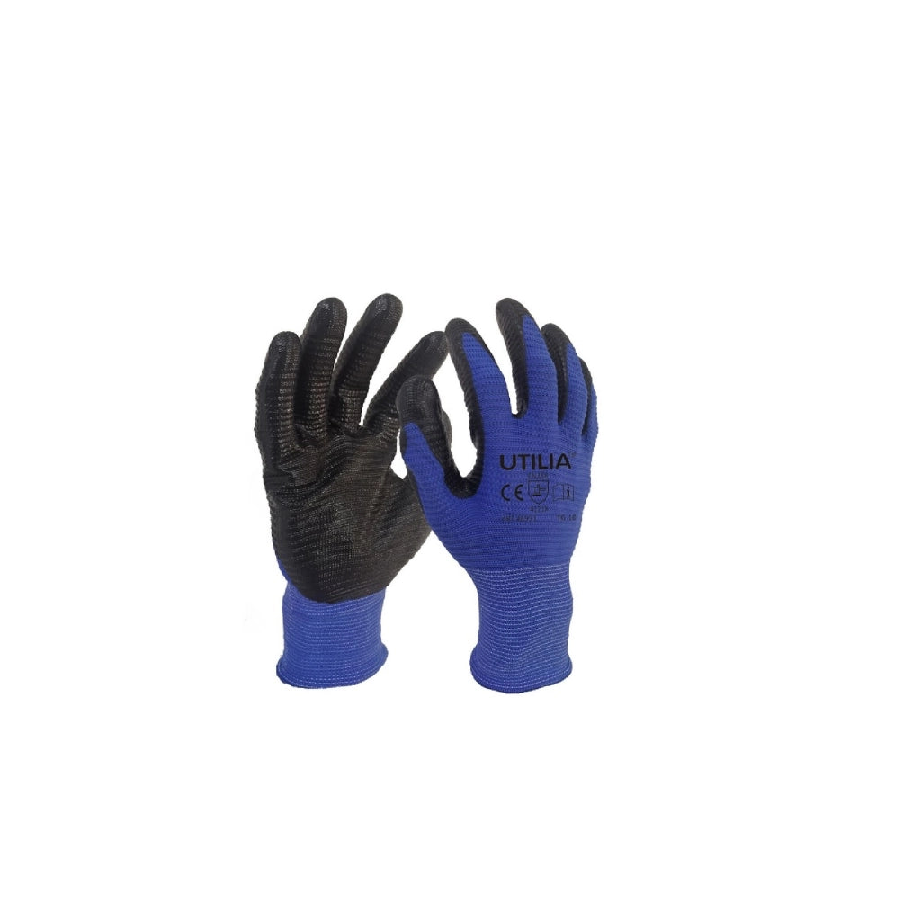 Guanti da lavoro nylon nitrile blu nero UTILIA senza cuciture polsino elastico TG. 10