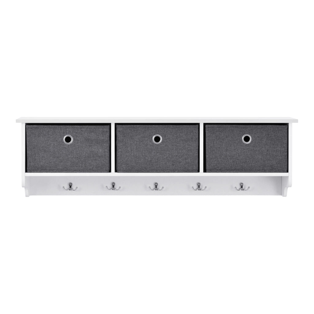 Appendiabiti da Parete con 5 Ganci, Piano di Appoggio e 3 Scatole Portaoggetti - Attaccapanni da Muro (AxLaxP) 30x100x20 cm Struttura Bianca + 3 Contenitori in Tessuto Grigio