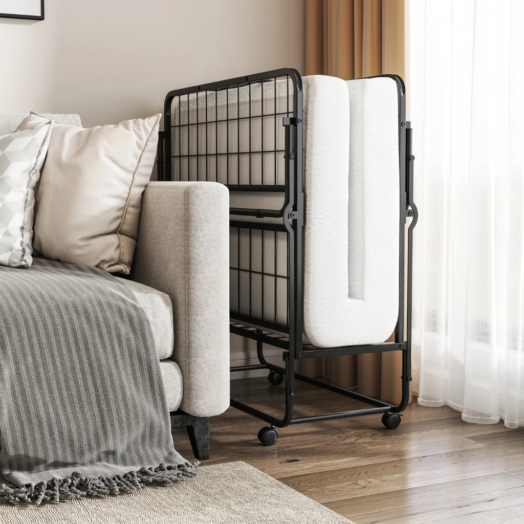 Letto pieghevole con materasso e struttura in metallo-Letto singolo portatile con ruote bloccare per ospiti