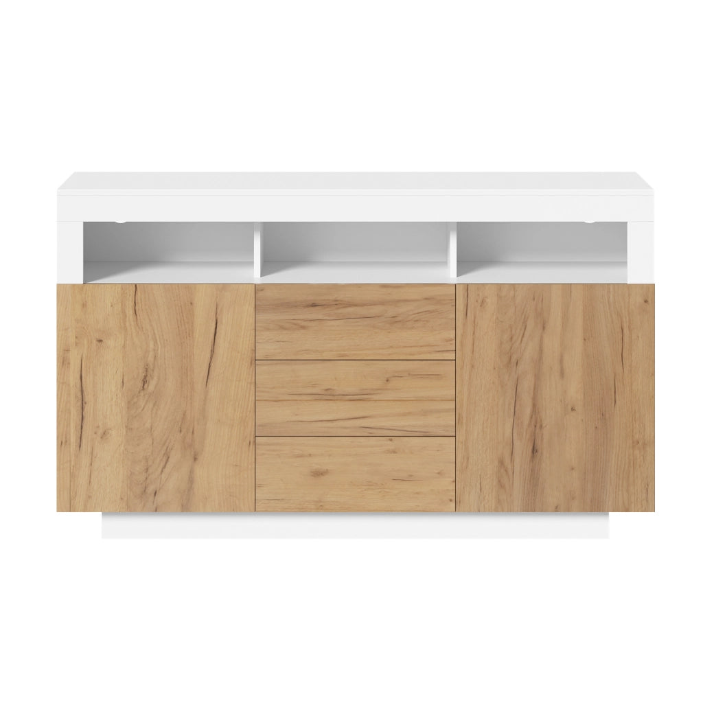 Credenza moderna con 3 cassetti, 2 ante e 3 ripiani aperti, colore bianco e naturale, 140 ¡Á 40 ¡Á 85 cm