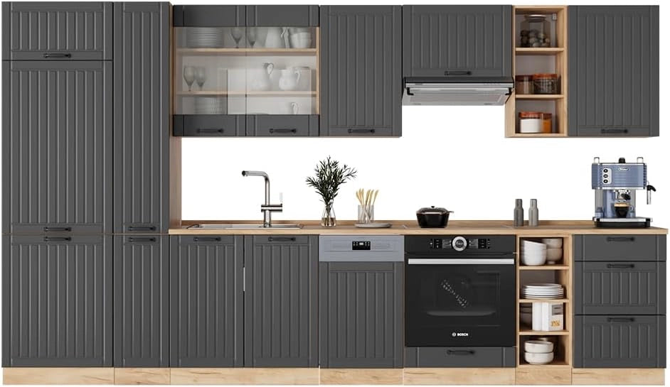 Cucina componibile Fame-Line, Grigio scuro, 355 cm senza piano di lavoro