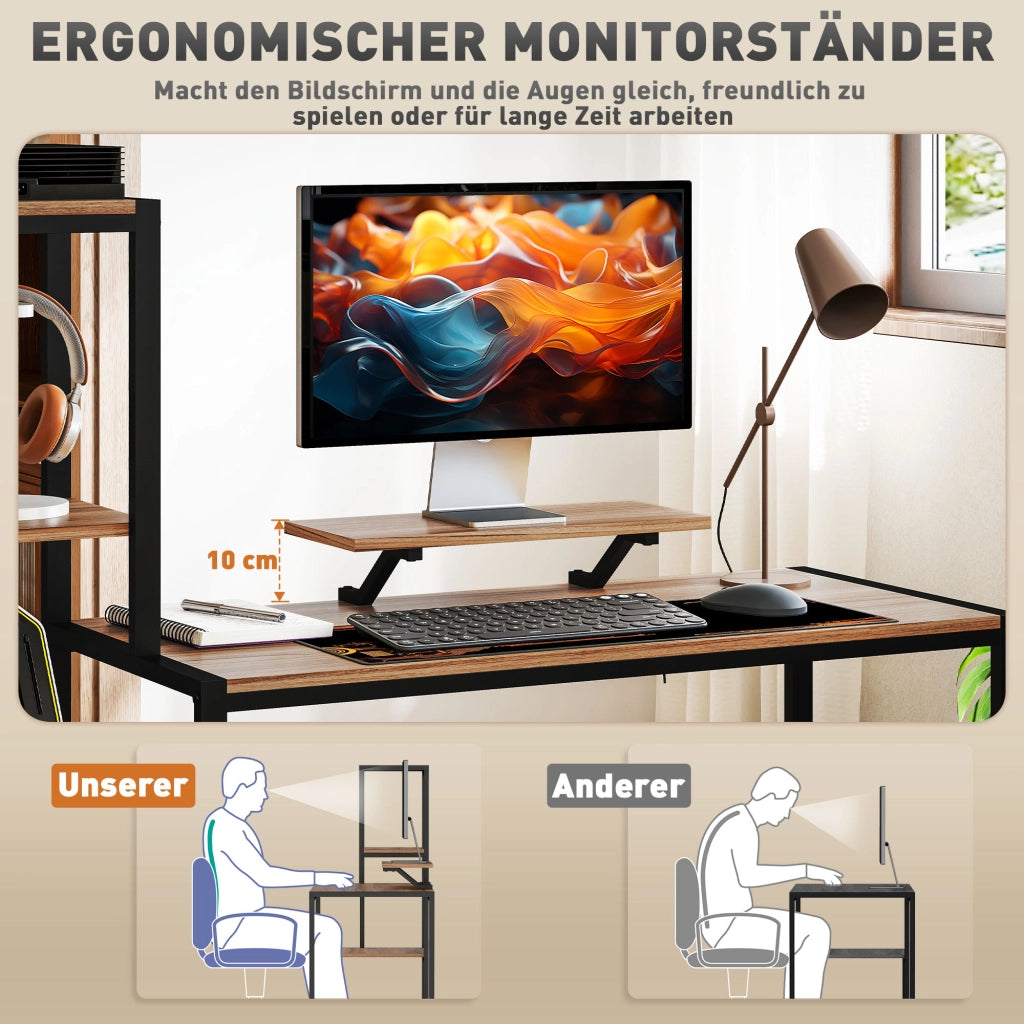 Scrivania con scaffale a 4 ripiani e supporto monitor ¨C Minimal ¨C Marrone 90x50x