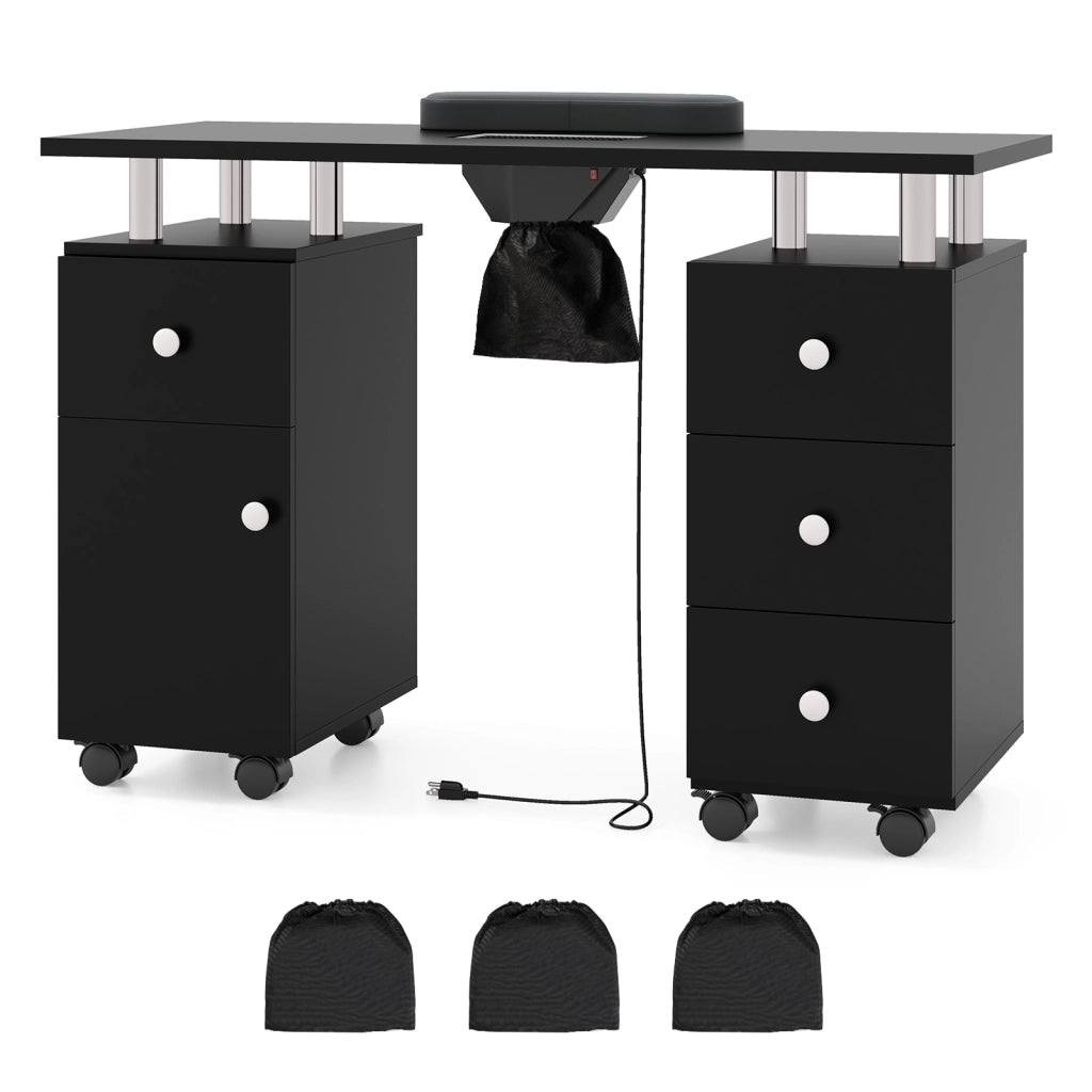 Tavolo manicure aspirapolvere 3 sacchetti supporto polso cassetti, Scrivania mobile nail 8 ruote postazione lavoro legno nail art spa trucco Nero