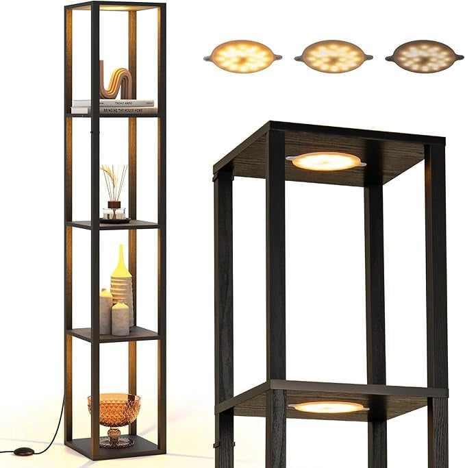 Lampada da Terra con Ripiani, Espositore Autoportante a 4 Livelli con Luci LED Dimmerabili a 3 Vie e Interruttore a Pedale, Lampada da Scaffale Moderna in Legno per Salotto e Studio