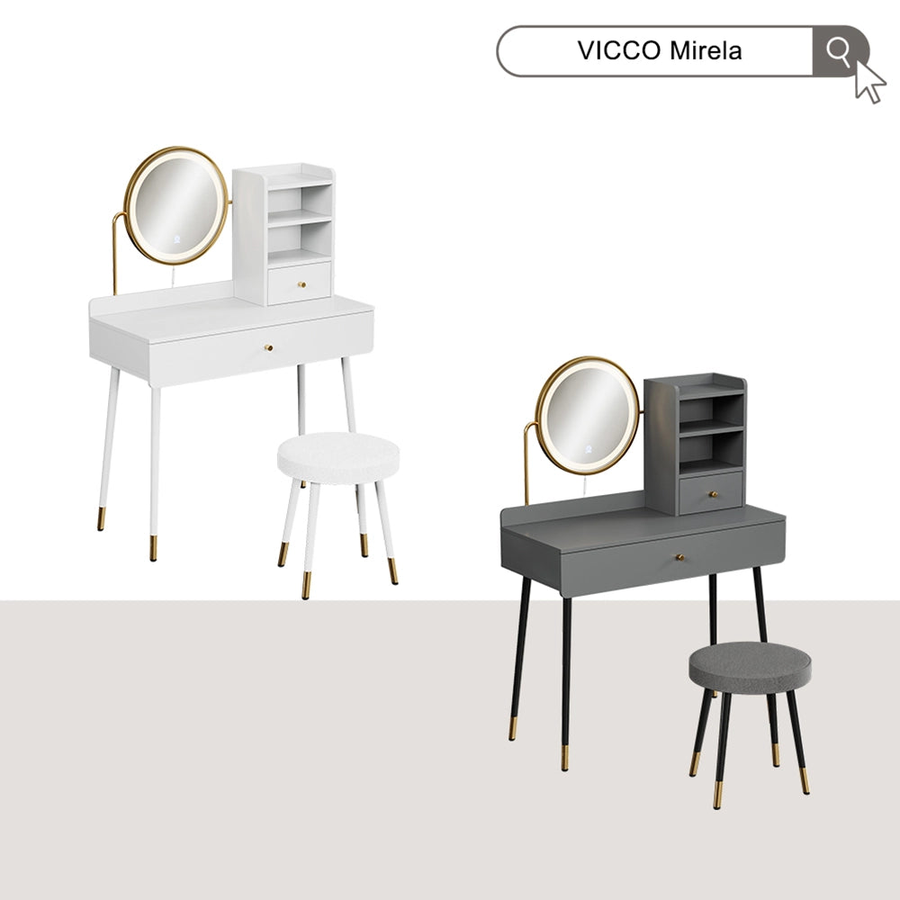 Vicco Tavolo da toeletta Grigio 90 cm con specchio LED e sgabello