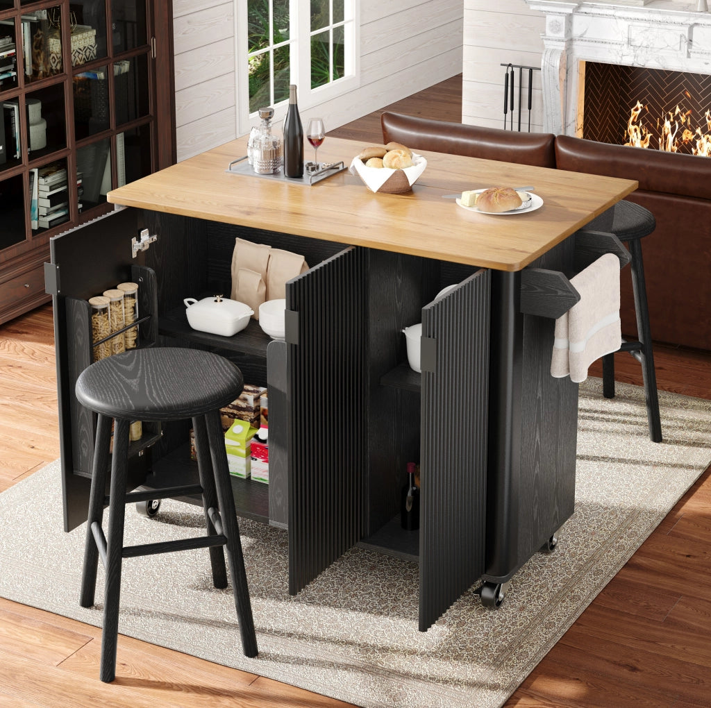Isola da cucina 130x45(75)x92 cm pieghevole con ruote in MDF nero