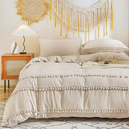 Set di coperte da letto bohemien 220 x 240 cm a tre pezzi con bordo a pennellate beige Set di coperte da letto bohemien lavabili in microfibra con set di coperte da letto bohemien per ragazze con chiusura a zip e due cuscini 80 x 80 cm