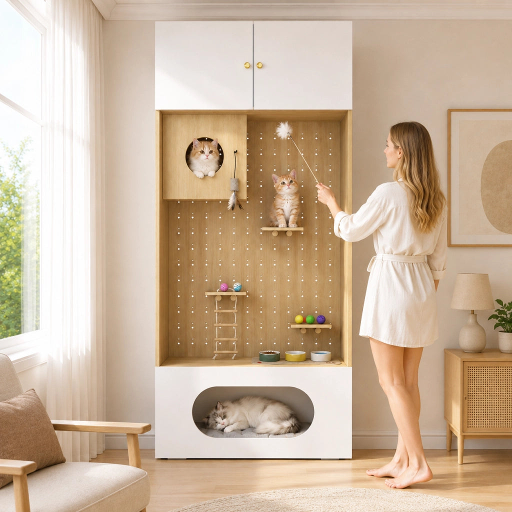 Mobile contenitore per animali con parete da arrampicata e cuccia, vano chiuso, bianco effetto legno, 90×50×200 cm
