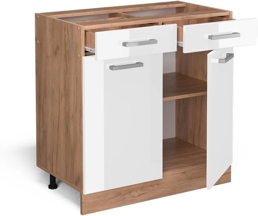 Mobiletto base per cucina R-Line, Bianco lucido, 80 cm senza piano di lavoro, per la libera combinazione all'interno di sistemi cucina modulari