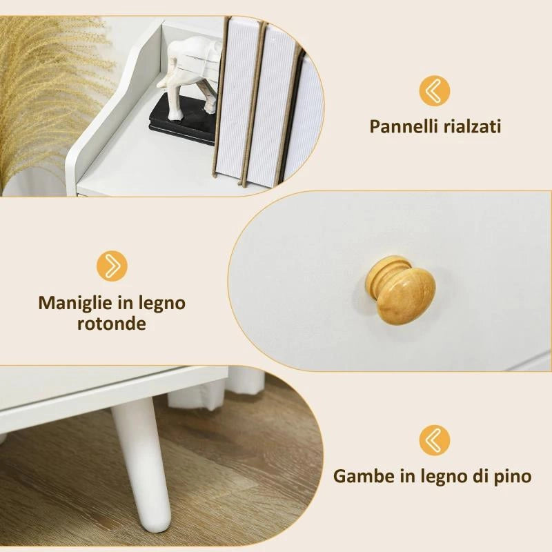 CREDENZA MODERNA IN LEGNO CON 3 CASSETTI E 2 ARMADIETTI A 2 LIVELLI, 90X32X80 CM, BIANCO