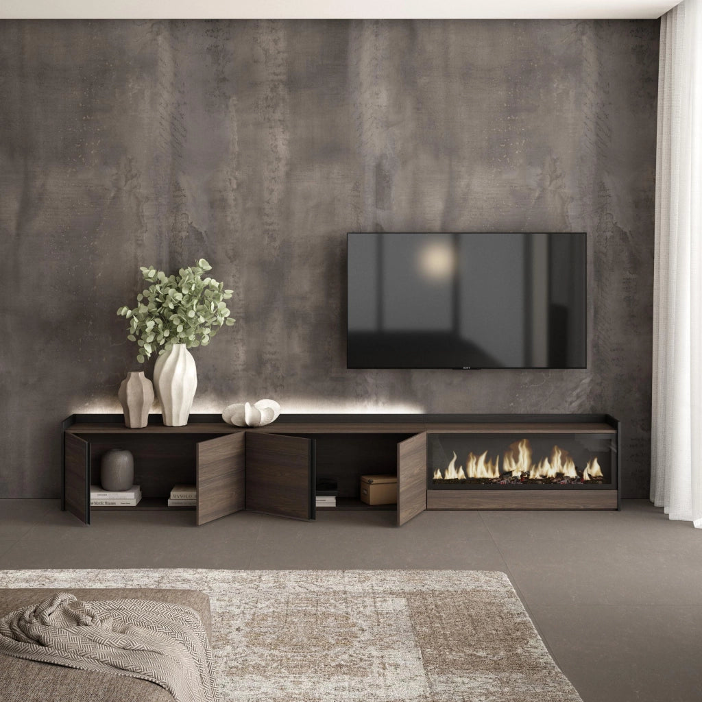 Mobile TV Soggiorno, 315x50x35 cm, Per TV fino a 80", Camino elettrico XXL, LED, Rovere scuro e Nero