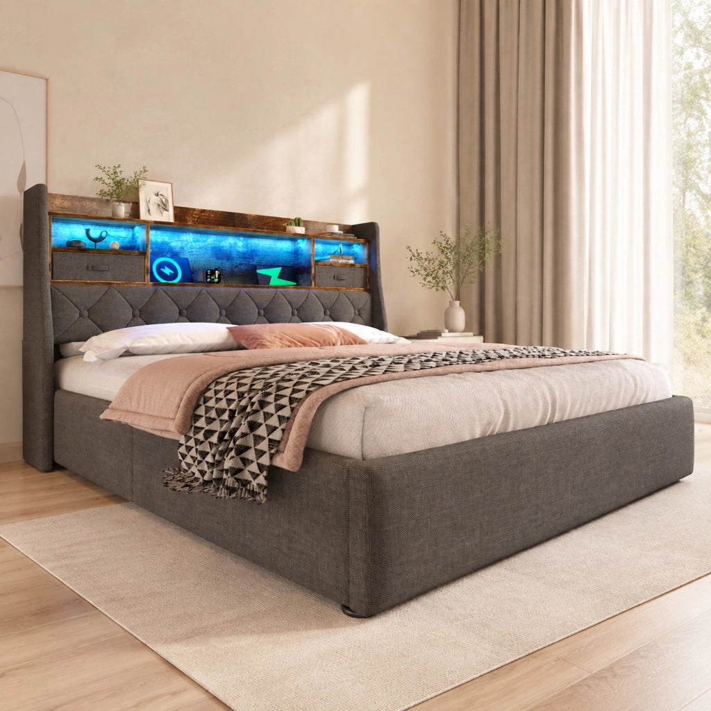 Letto imbottito 180x200 cm con LED, ricarica USB/Type-C e vano