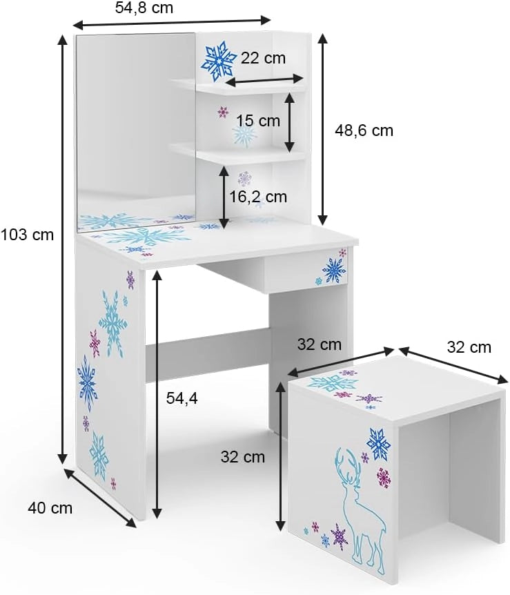 Tavolino da toilette per bambini Schneeflocke, Bianco, 54.8 cm, adatto per la conservazione di cosmetici e accessori