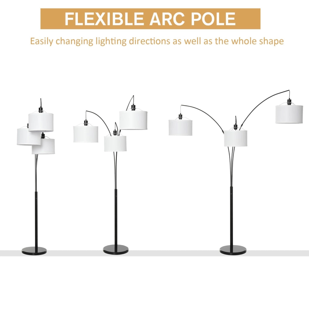 Lampada da Terra con 3 Paralumi E27 H205 cm in Metallo Nero e Bianco