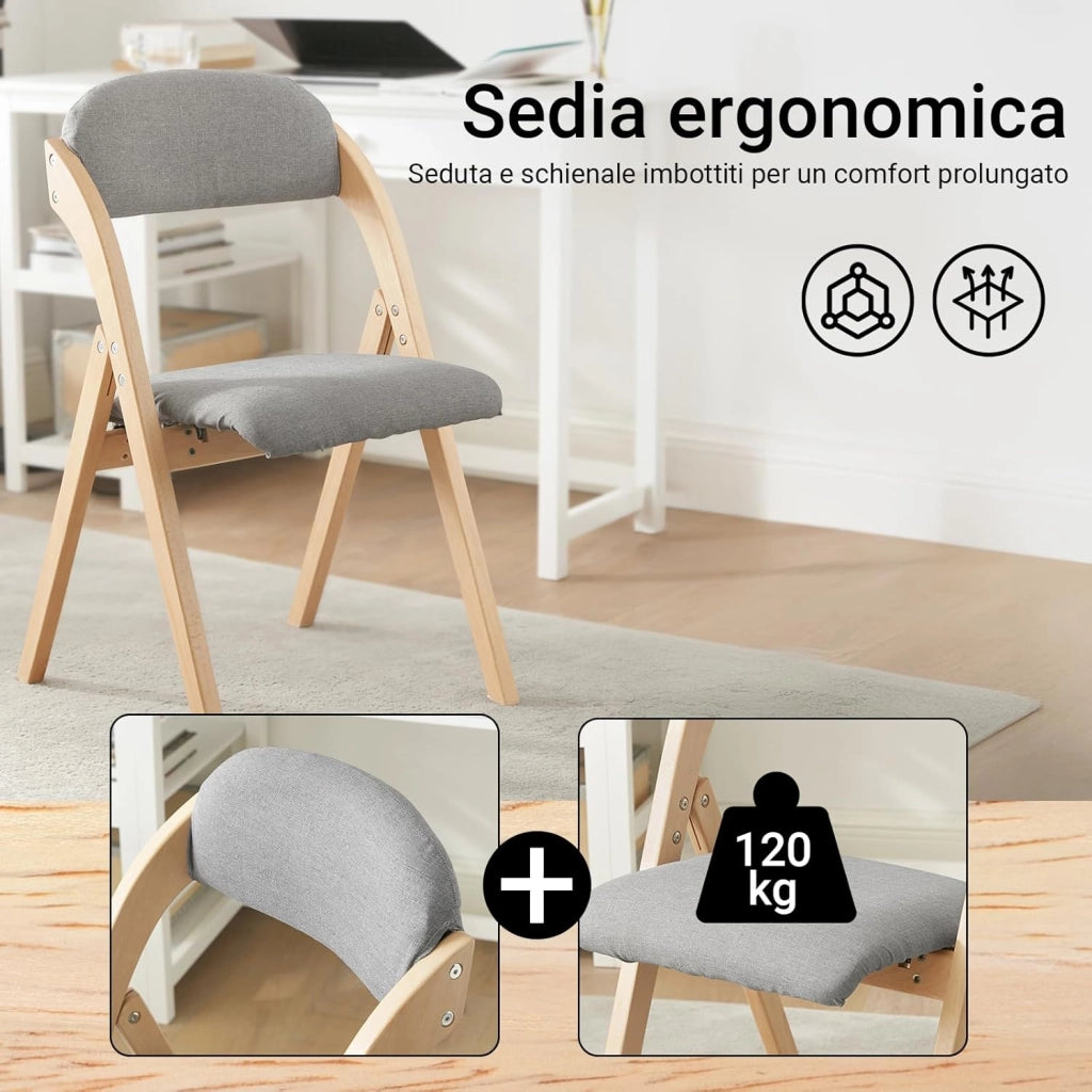 Sedia Pieghevole in Legno Set da 2 Poltrona Imbottita da Cucina, Sedie da Interno per Ufficio, Balcone, Giardino – Sedie Pieghevoli Salvaspazio Richiudibili in Faggio, Grigio Chiaro FST92-Nx2
