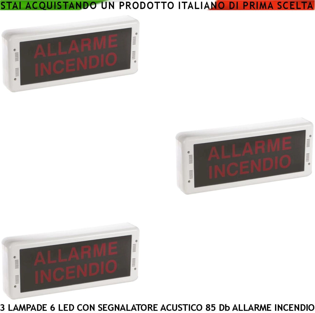 SEGNALA VIA DI FUGA 3 PEZZI LUCE LED SIRENA 85 dB SCRITTA ALLARME INCENDIO PANNELLO A MURO EN 54-3 EN-54-23 DoP 1293 CPR-0511