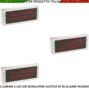 SEGNALA VIA DI FUGA 3 PEZZI LUCE LED SIRENA 85 dB SCRITTA ALLARME INCENDIO PANNELLO A MURO EN 54-3 EN-54-23 DoP 1293 CPR-0511