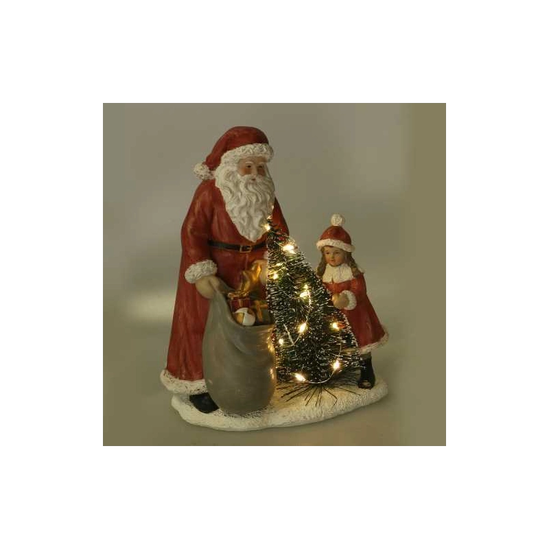 Statua resina babbo natale con bambina rosso con led cm 15x11h18,5