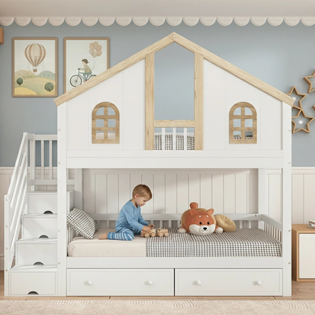 DESMIU Letto a castello bambino 90 × 200 cm con finestre, scala contenitore, 2 cassetti, senza materasso