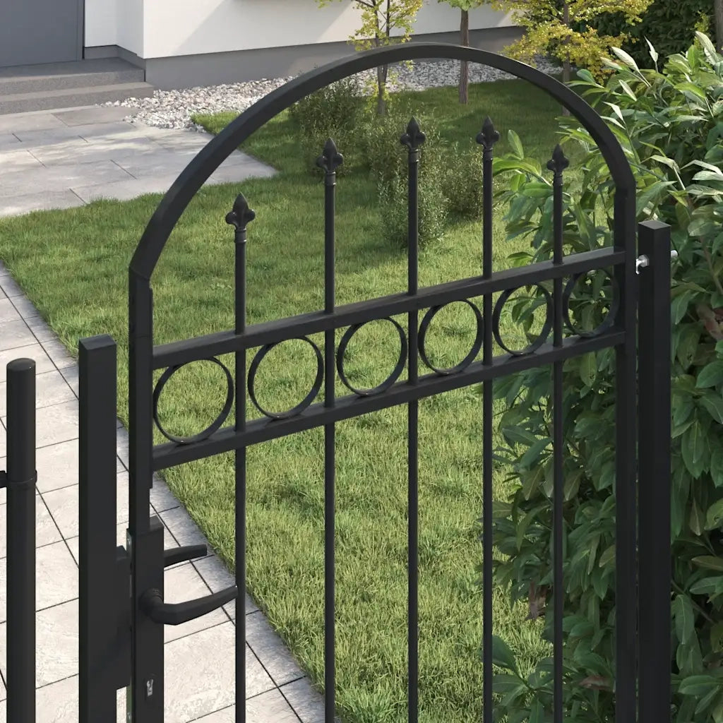 Cancello per recinzione ASSEN con parte superiore ad arco e 2 pali 105x170 cm Nero 145751