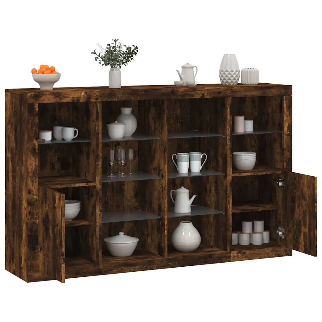 Credenze con Luci LED 3 pz | Madia | Buffet da pranzo | Armadio da pranzo Rovere Fumo in Legno Multistrato