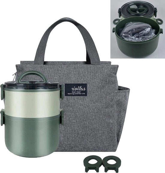 Brodo termico portatile. 2-coscia 1600ml borsa da pranzo trasportabile. Con sacchetto isolante. Può essere riscaldato in forno a microonde. Ufficio, scuola e casa (la borsa è al suo interno)